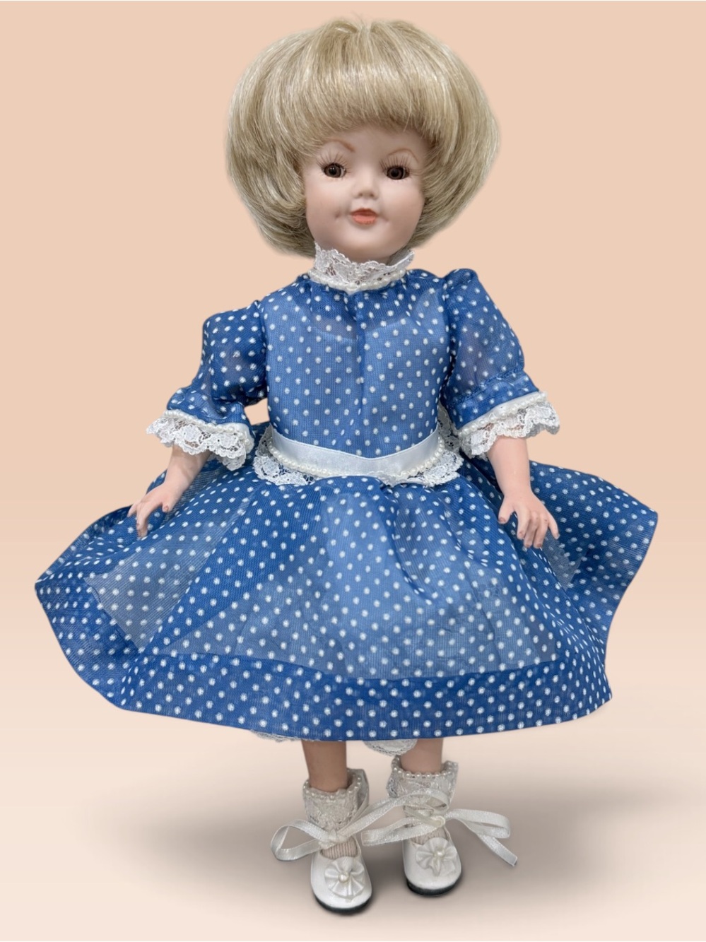 Vintage All Porcelain 11” Doll Jointed Blue Polka Dot Dress Blonde Hair
